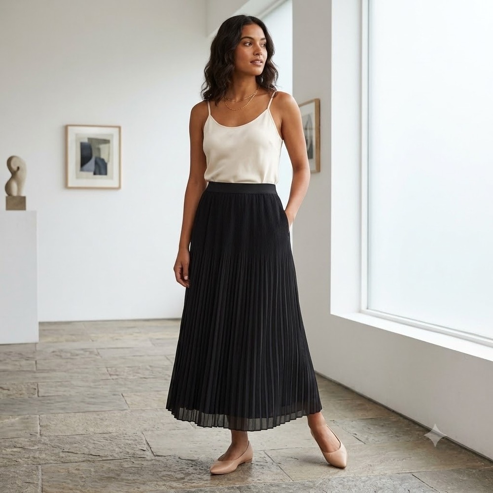 Pleated‎ Maxi Skirt Women Size M Black Elastic Waist Classic Career Whimsygoth